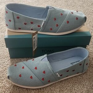 TOMS Blue Slip-Ons with Red Heart Design